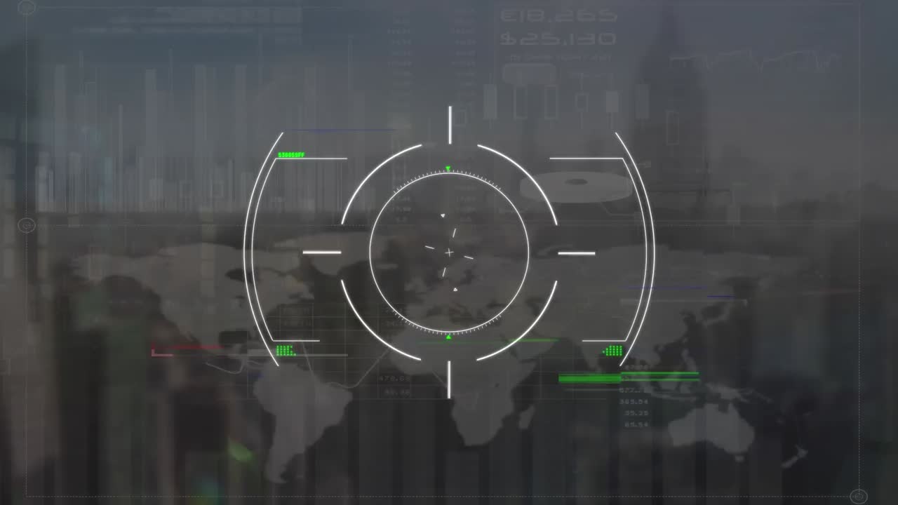 анимация обработки данных над городским пейзажем