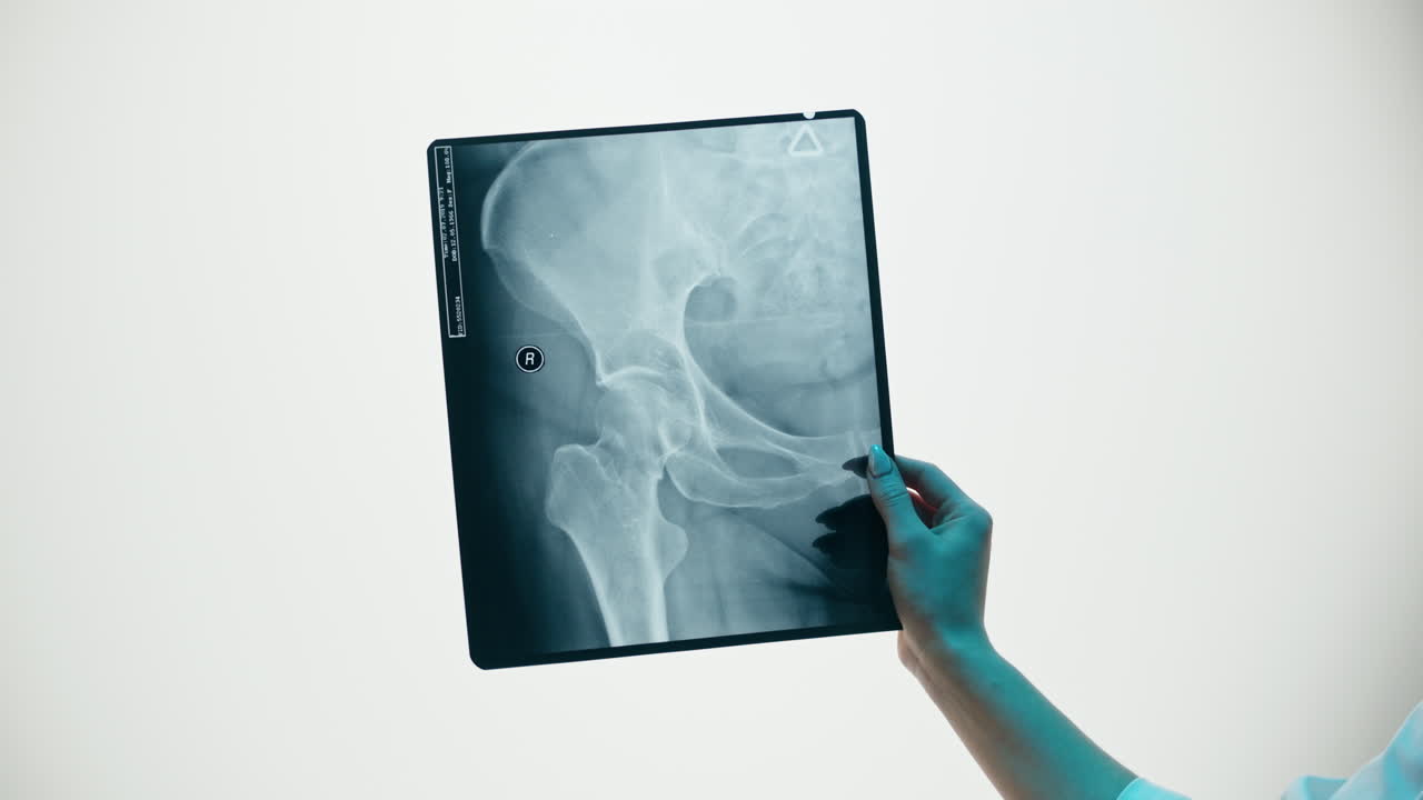 Primo Piano di una Mano che Esamina una Radiografia Medica di un Osso dell'Anca