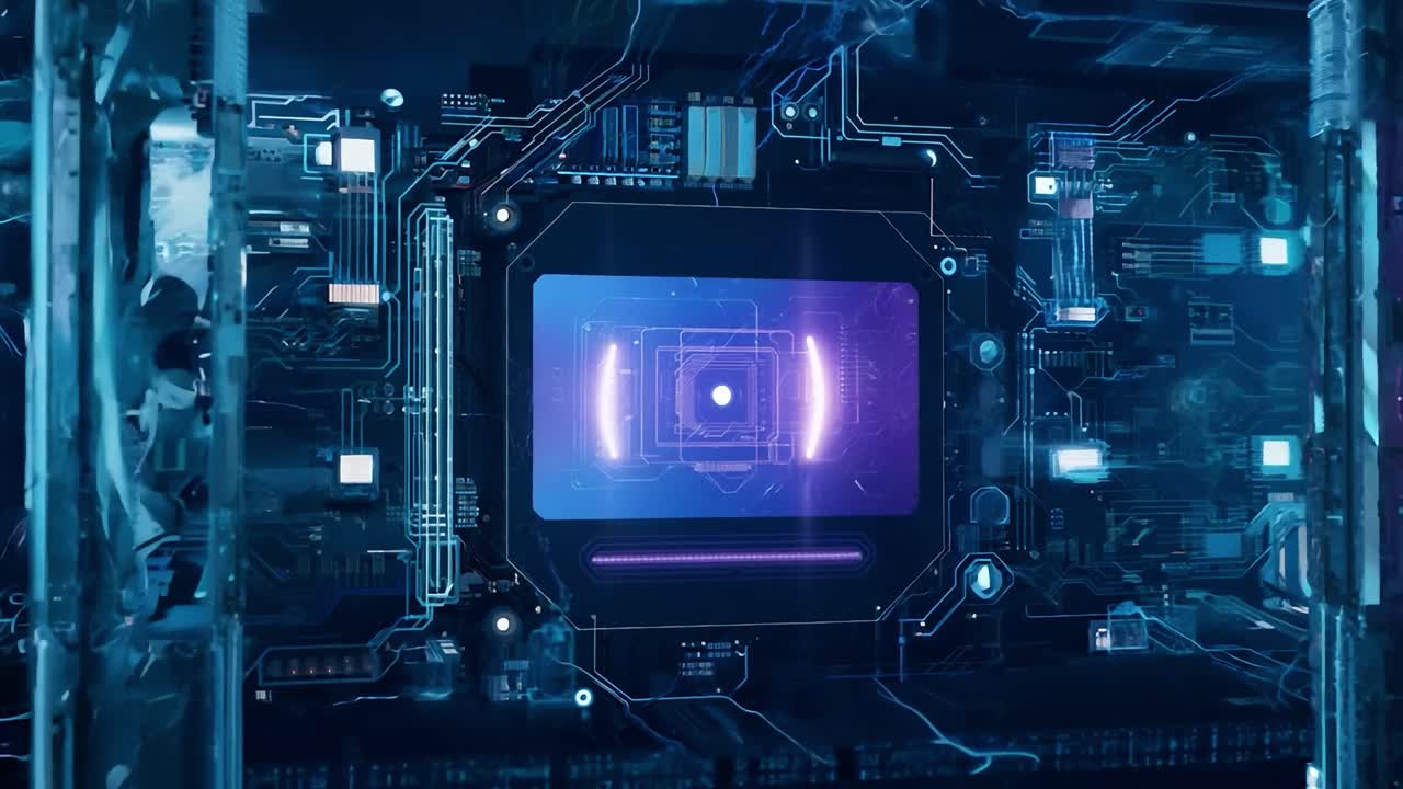 Close-up of a futuristic circuit board with a glowing CPU