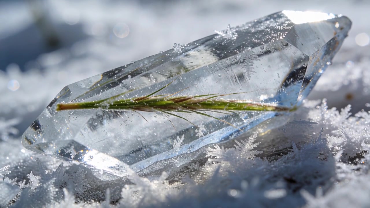 Cristallo sfaccettato in movimento che rifrange la luce del giorno, come una lente che rifocalizza sul gelo, racchiudendo una spiga d'erba verde.
