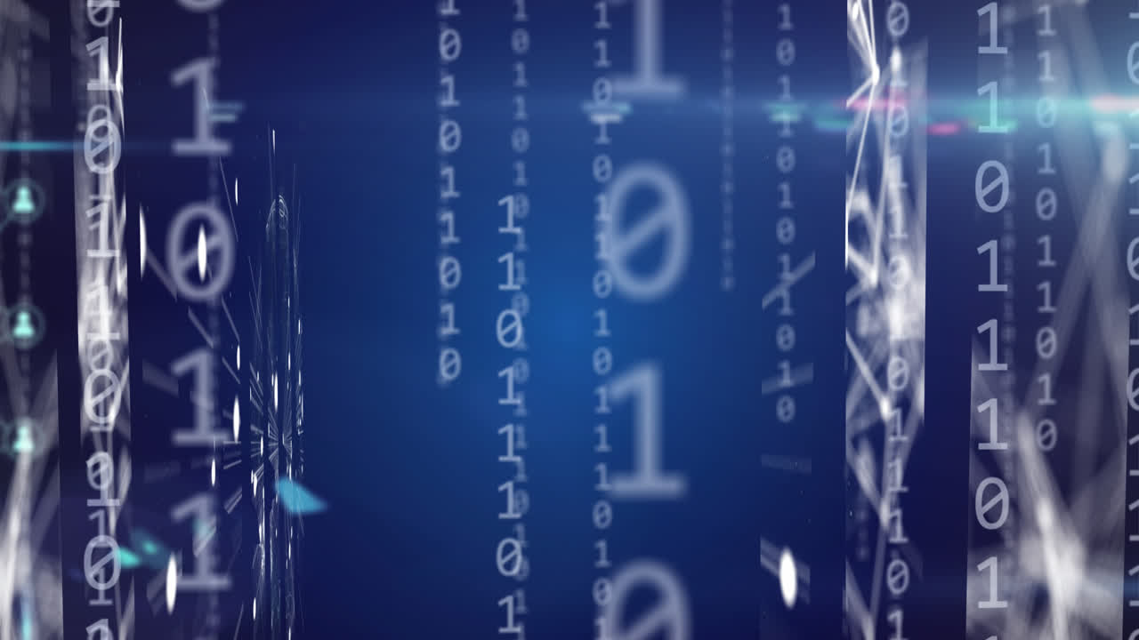 animación de iconos digitales, codificación binaria y procesamiento de datos