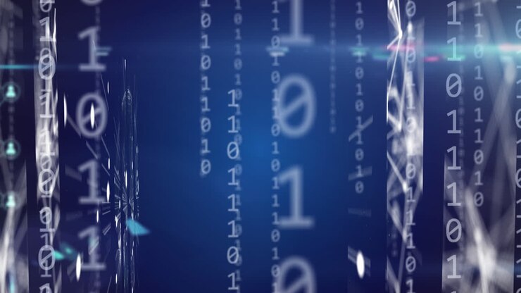 Animation of digital icons, binary coding and data processing