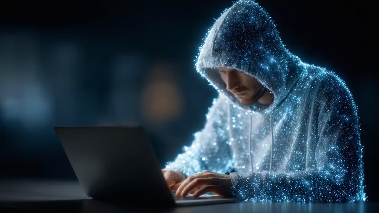 A futuristic and captivating scene depicts an individual in a glowing hoodie immersed in technology, surrounded by an ethereal digital environment while engaged in focused work on a laptop