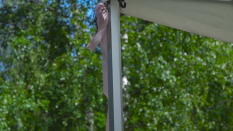 slow motion footage of a slightly pink ribbon tied into a beautiful knot being moved by wind during the summer time with sunshine while tree leaves and braches are in the background in 4k resolution