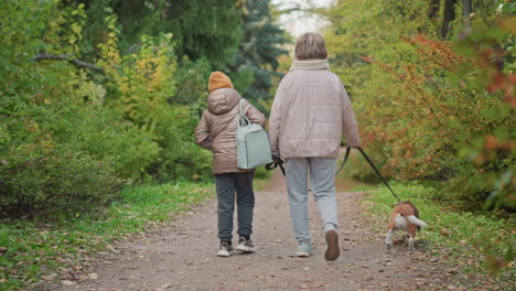back view of woman and child walking along forest trail with beagle on leash after picnic, dressed in cozy jackets and scarf, golden autumn foliage around, peaceful moment of togetherness