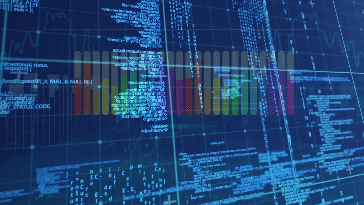 Animation of data processing and grid on black background