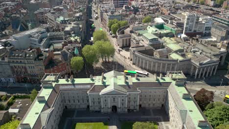 wide, reversing aerial video of the campus and surrounding areas of trinity college in dublin, ireland on a bright and sunny day. filmed in 4k, 60fps and with rec709 color.