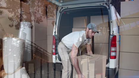 Animation of statistics processing over delivery man with cardboard boxes
