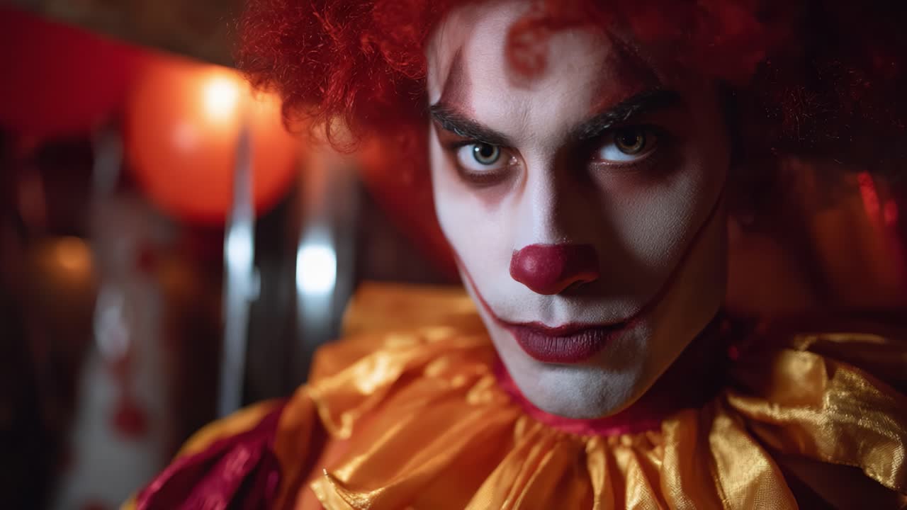 Clown misterioso: trasformazione ravvicinata in due fotogrammi che catturano l'espressione intensa e l'atmosfera inquietante di un personaggio accattivante con illuminazione drammatica