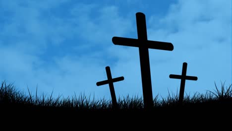 animation of silhouette of three christian crosses over clouds