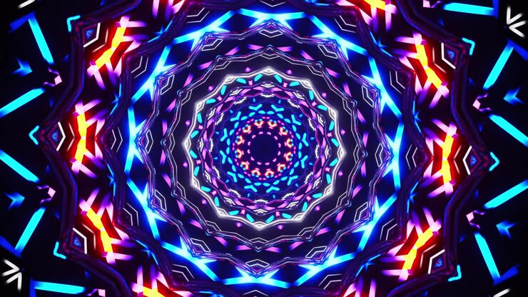 Colorful animation pattern with black background. Kaleidoscope VJ loop