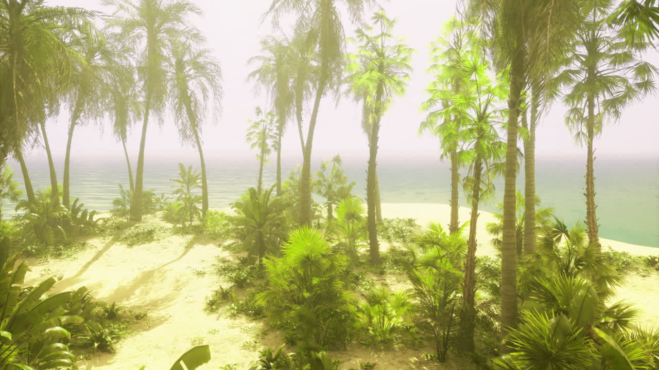 un exuberante paisaje tropical con palmeras y una serena vista del océano al amanecer