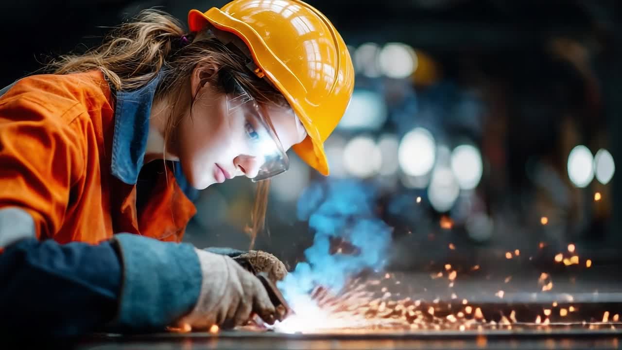 Skilled welder working in a workshop with sparks flying around