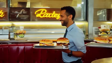 camareros felices mostrando bandejas de hamburguesas de queso apetitosas en un restaurante de estilo retro con letreros de neón, creando una atmósfera alegre e acogedora