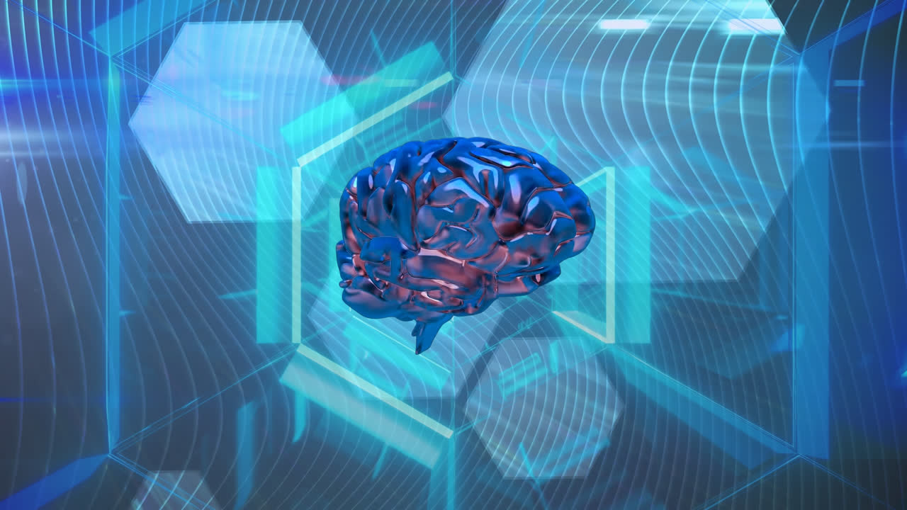 Animation of colourful brain spinning with blue shapes floating