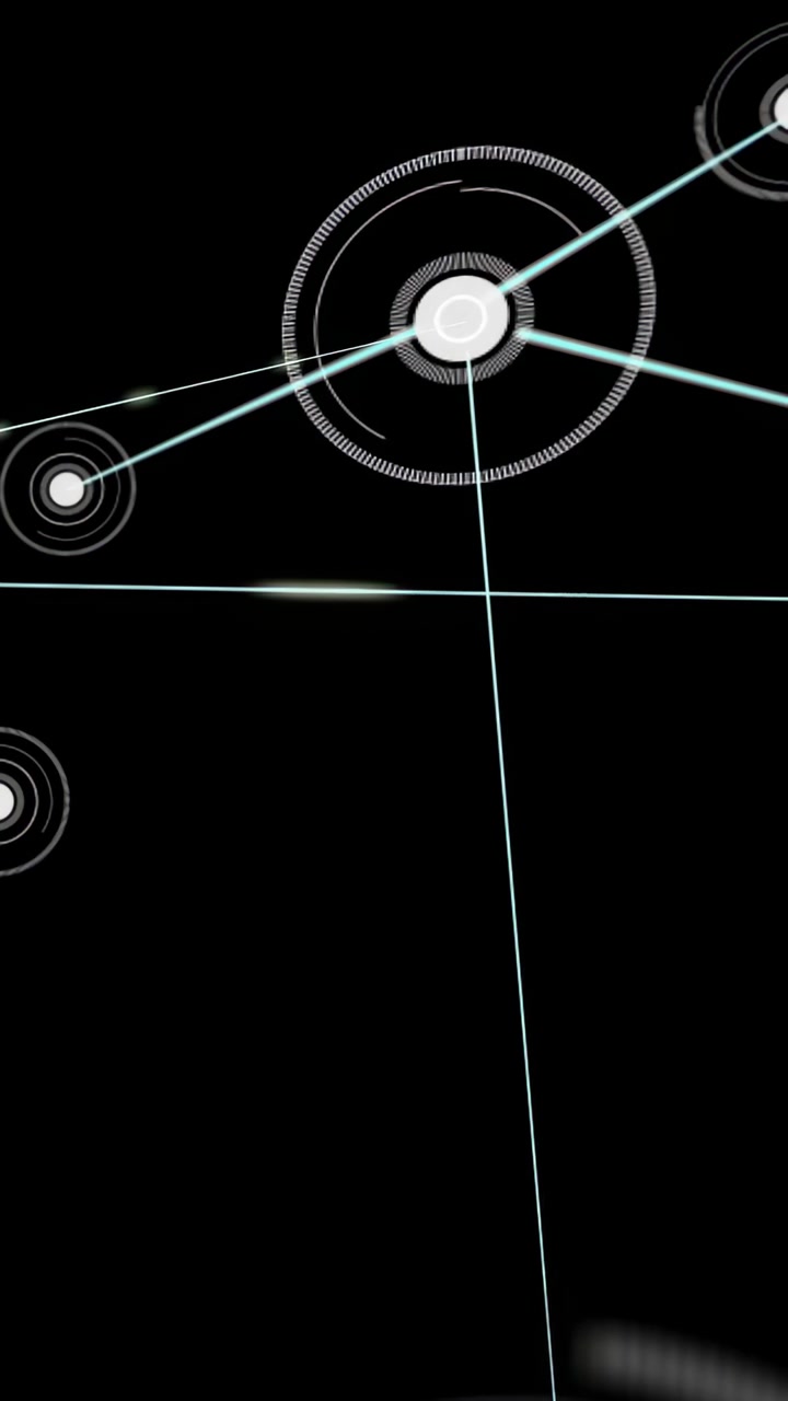 Vertical video: Orb entering diagonal and activating tech network connecting nodes visualizing data