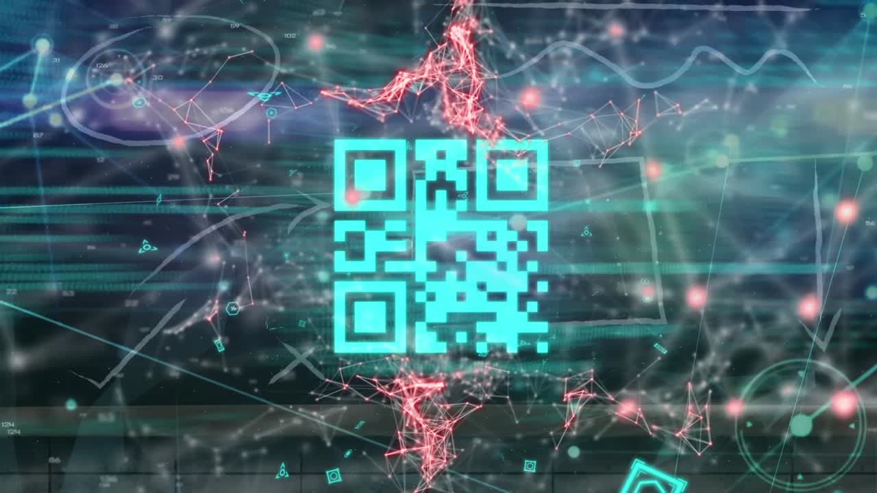 Animation of qr code and network of connections over data processing on black background
