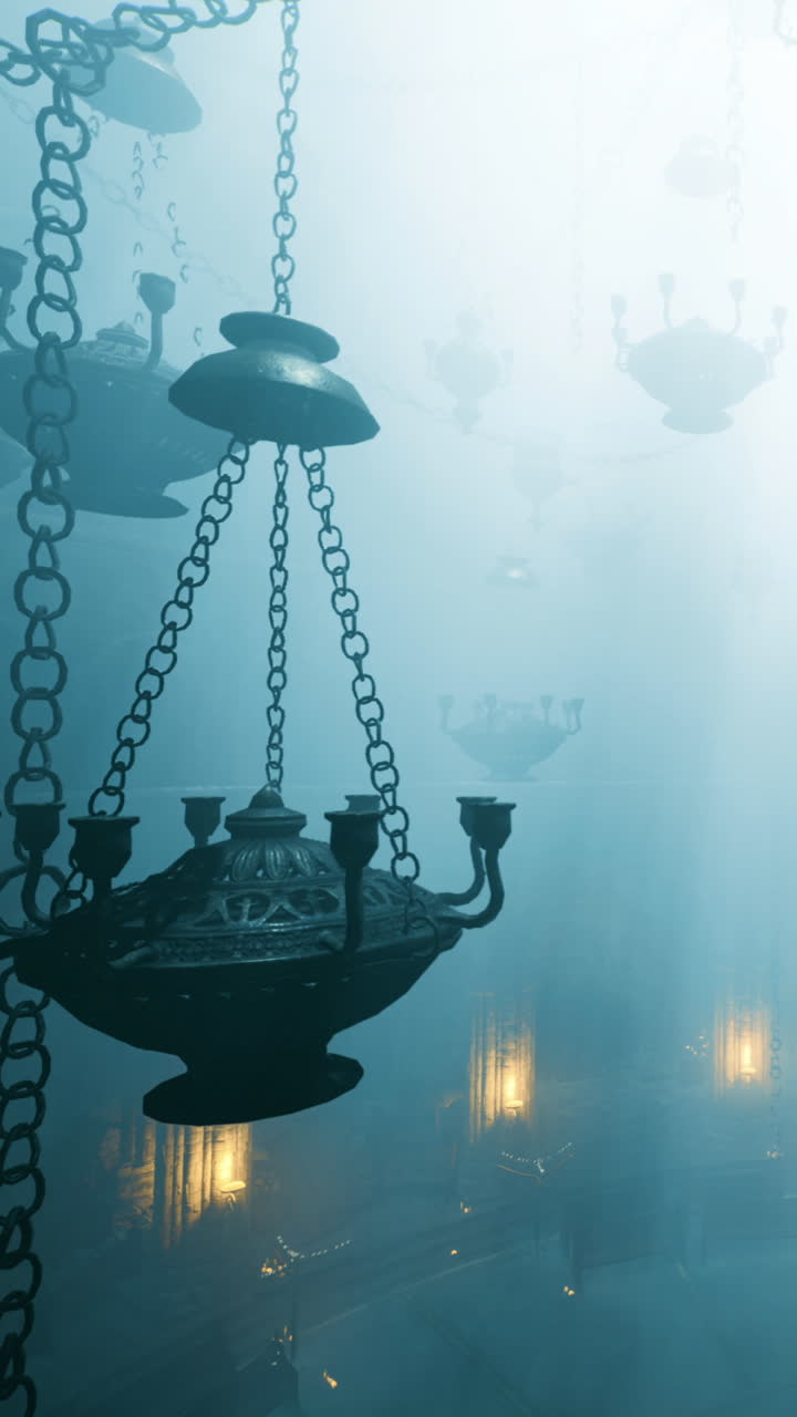 Lampadari appesi in uno spazio fioco con nebbia e luce tutt'intorno.
