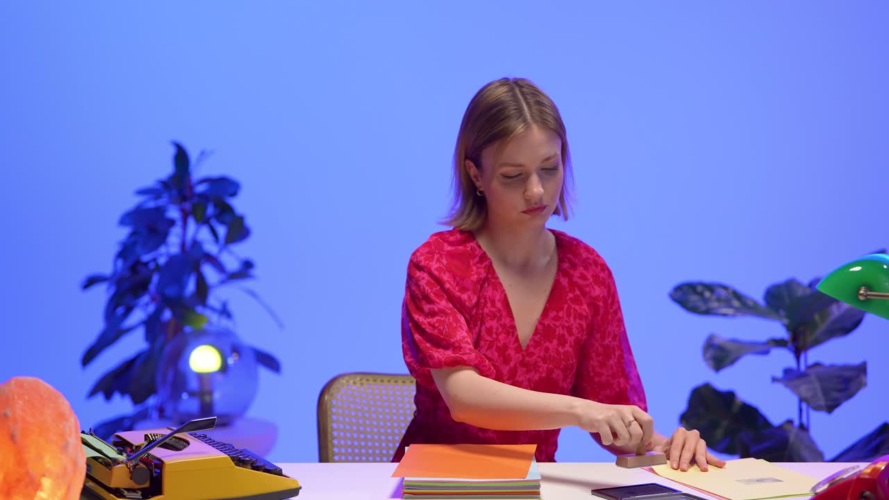 Focused woman presses a stamp on bright orange paper, surrounded by pastel sheets, a yellow typewriter and retro items in a vivid creative workspace full of color and style