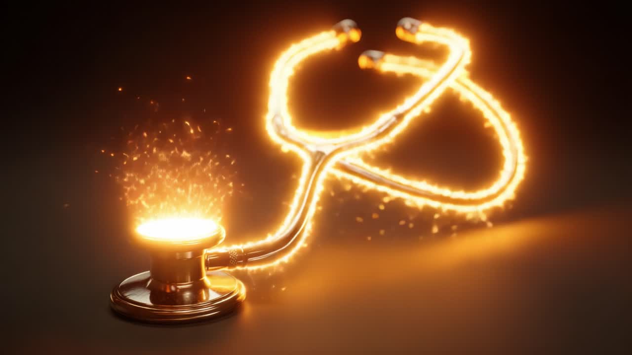 Illuminated Stethoscope Sparkling with Golden Light: A Glimpse into Advanced Medical Technology Emphasizing Health and Care in a Radiant Display of Innovation and Vitality