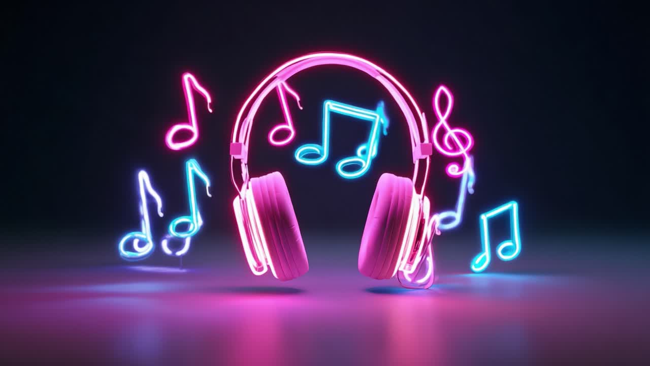 Vibrant Neon Headphones Surrounded by Colorful Music Notes, Illustrating the Joy and Energy of Listening to Music in a Modern Digital Atmosphere