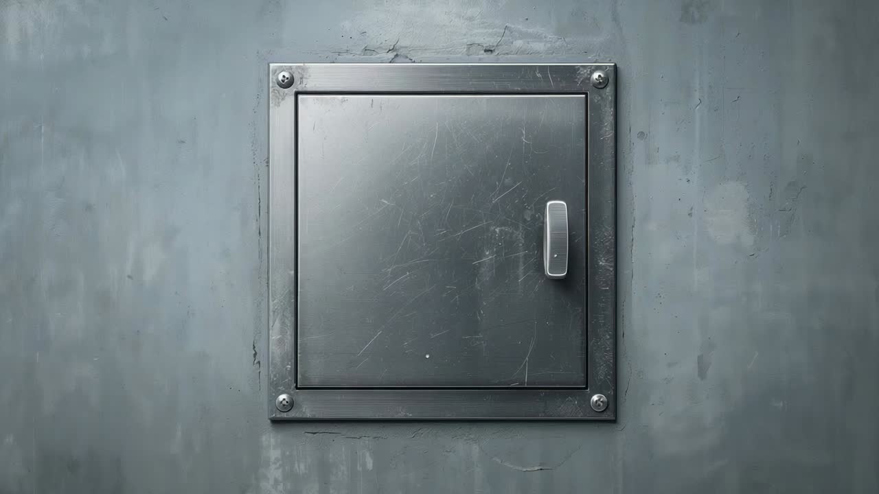 Visualizzazione di portello di accesso in metallo centrato con maniglia di regolazione fuori campo su parete di servizio, bulloni