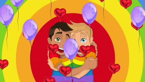 Animation-Von-Luftballons-über-Herzen-Und-Jungen,-Die-Sich-Auf-Regenbogenhintergrund-Umarmen