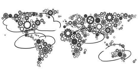 engranajes y engranajes que forman el mapa del mundo con animación de líneas de conexión
