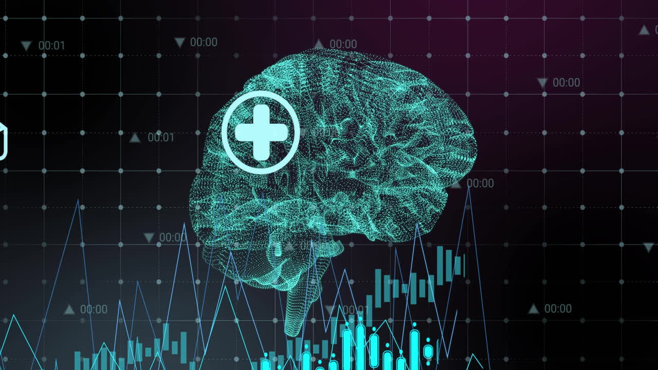 Animation of ai data processing and brain over black background