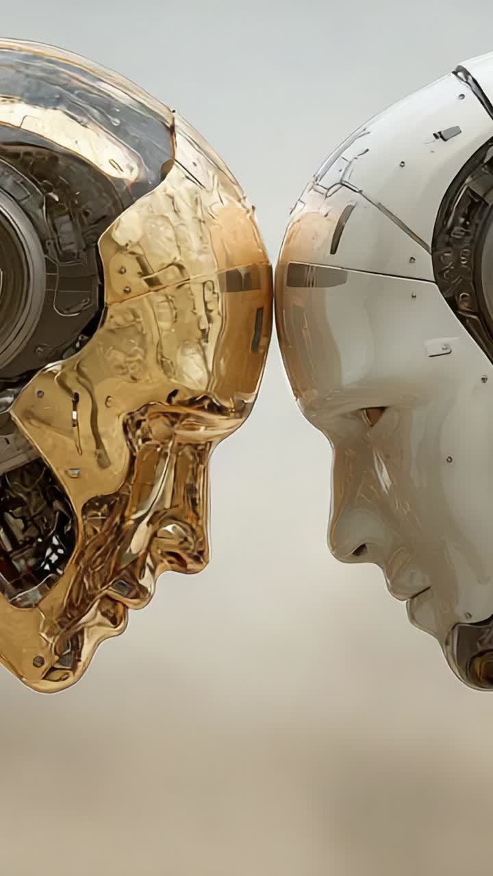 A Captivating Contrast Between Two Futuristic Robotic Faces: One Gleaming in Gold and the Other in Sleek White, Exuding an Aura of Advanced Technology and Emotion