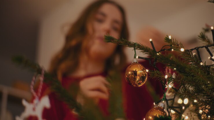 donna che lega bauble mentre decora l'albero di natale