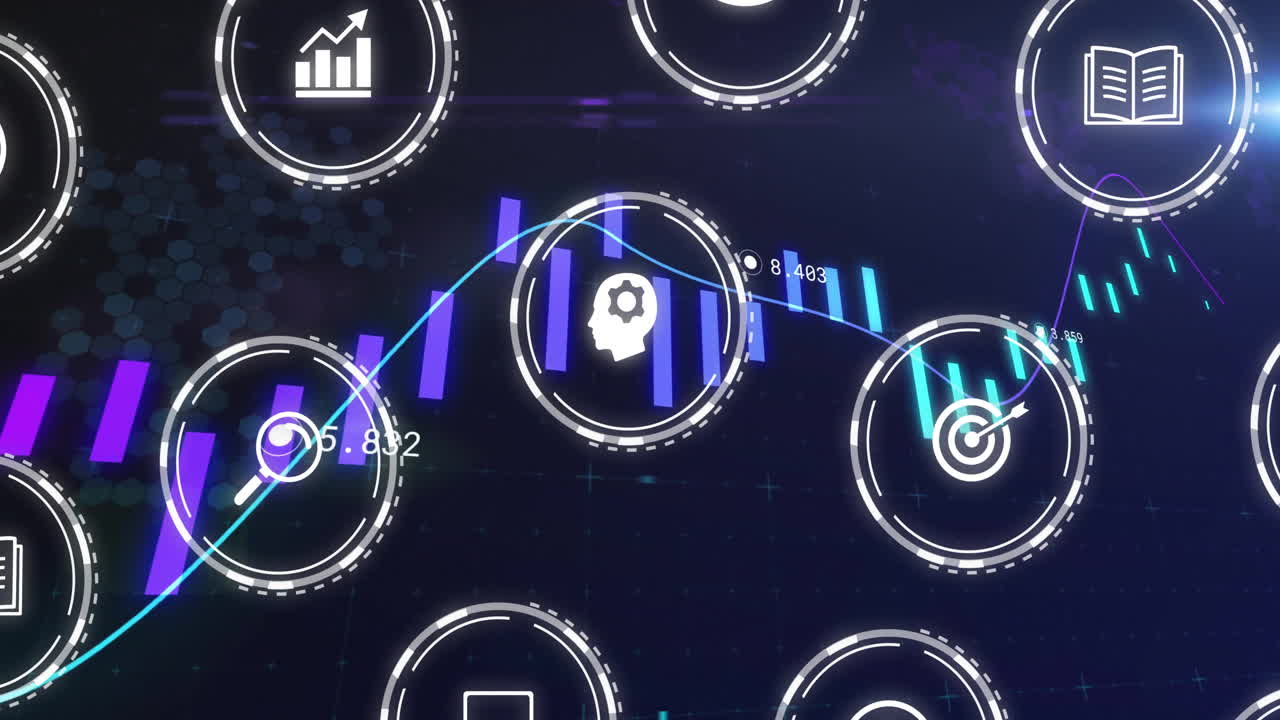 Financial data processing animation over various business icons and graphs