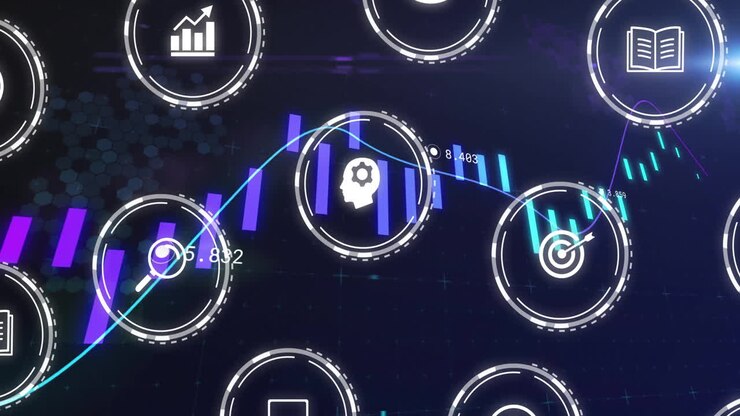 Financial data processing animation over various business icons and graphs