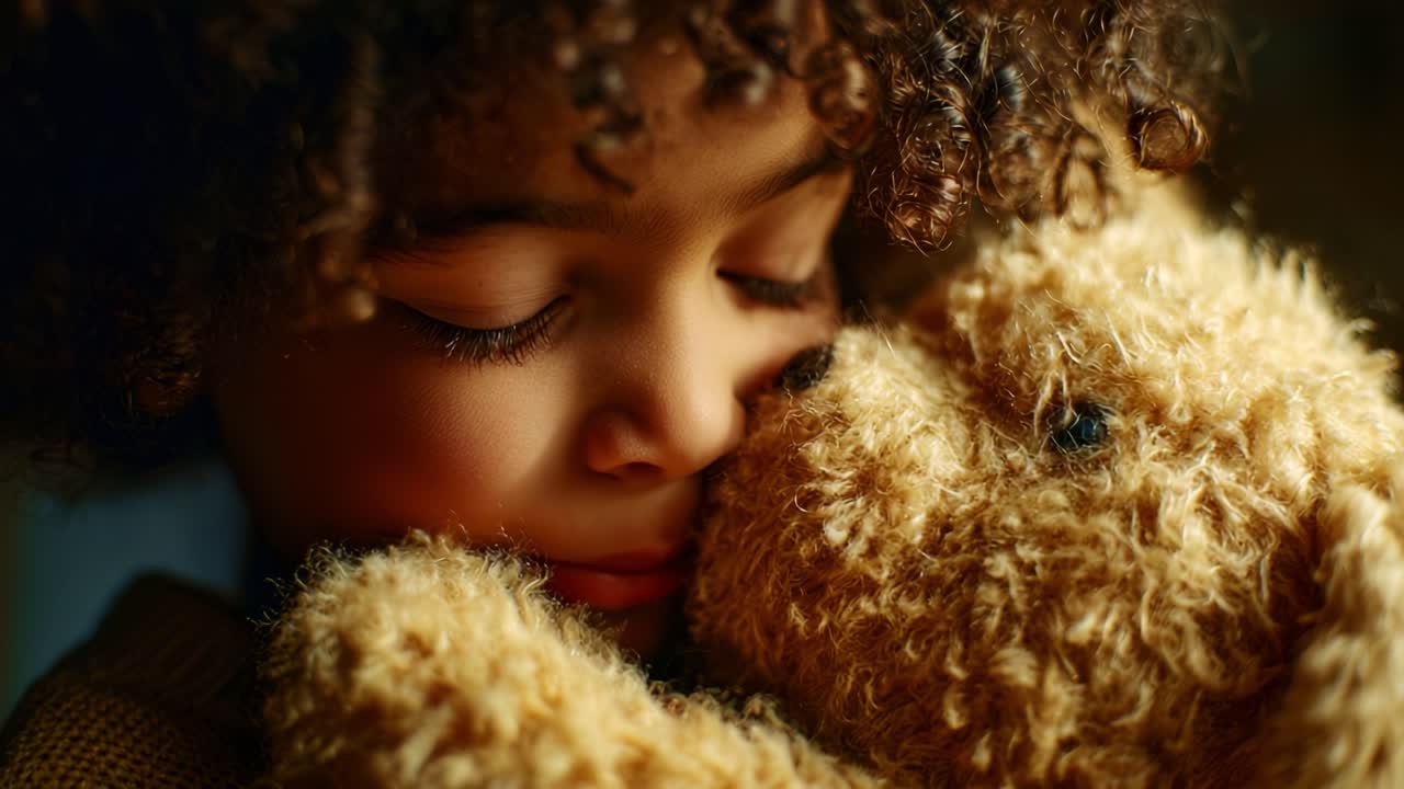 A Tender Moment of Connection: A Child Embraces a Soft Teddy Bear, Capturing the Innocence and Joy of Childhood with Warmth, Love, and Comfort in an Intimate Setting