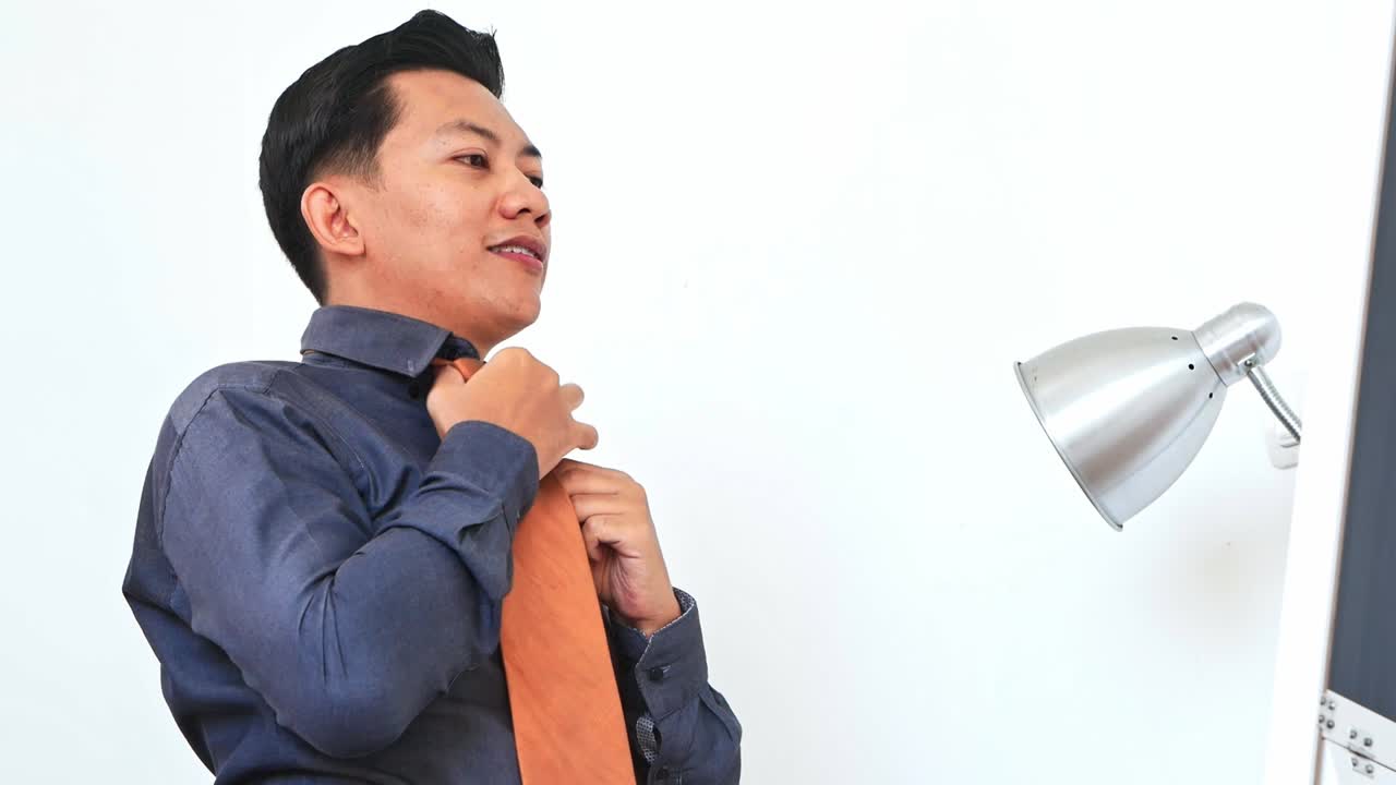 Confident businessman adjusting tie preparing for important meeting professional success mindset