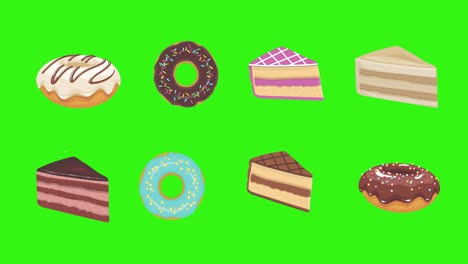 donuts y grupo de pasteles animación de dibujos animados en pantalla verde tecla de croma