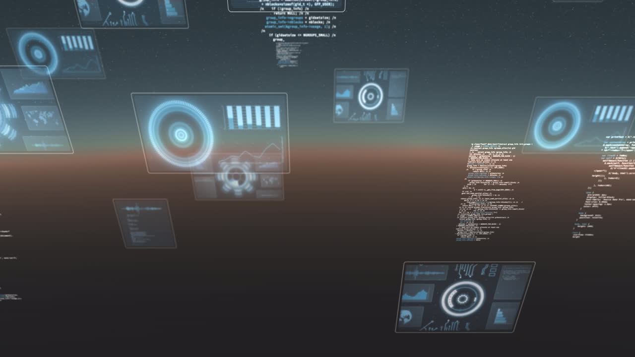 animación del procesamiento de datos y el escaneo de ámbitos en pantallas sobre fondo de gradiente