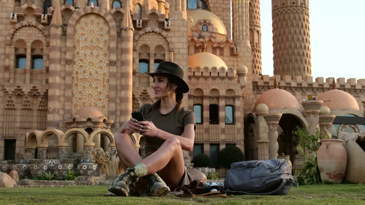 hermosa chica en estilo vaquero se sienta en la hierba, con el teléfono. mezquita