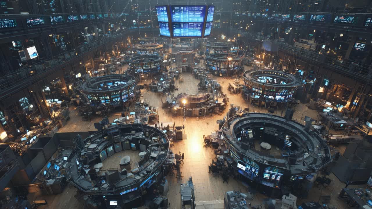 High angle view of a busy, futuristic trading floor with brokers working at circular stations surrounded by monitors displaying financial data, embodying a high tech global stock market concept