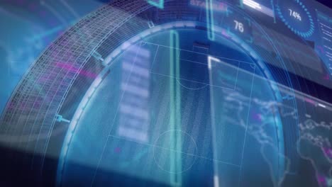 animación del procesamiento de datos de la interfaz sobre el estadio deportivo