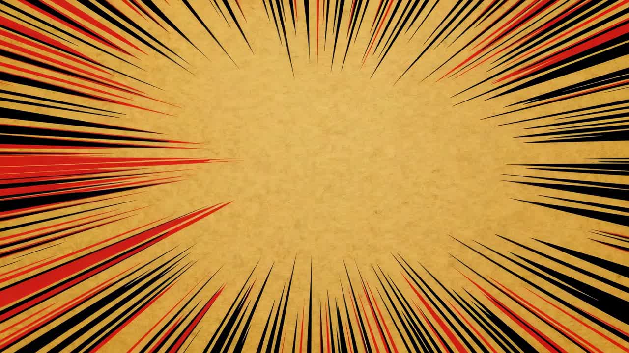 Start av teksturert beige panel som animeres i tegneserie-scenestreker som vokser og gløder som beveger seg som overlegg