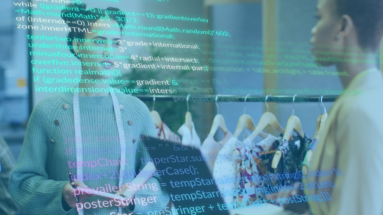 animación del lenguaje informático sobre diversas diseñadoras que discuten sobre el diseño