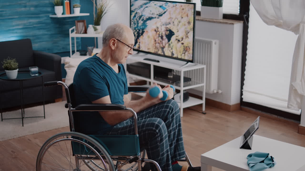 Pensioner sitting in wheelchair and doing exercise with dumbbells
