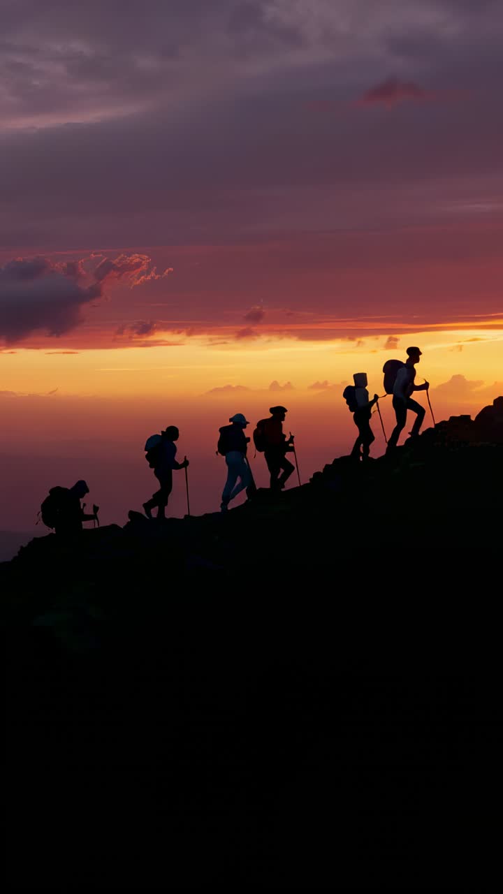 Vertical video: Climbing from left, hikers in gear ascending ridge at dusk behind leader with poles