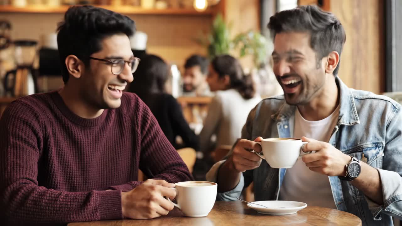 Two men enjoying coffee and conversation at a cafe