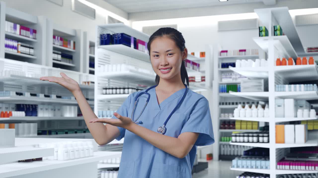 현대 약국에서 제품을 소개하는 약사