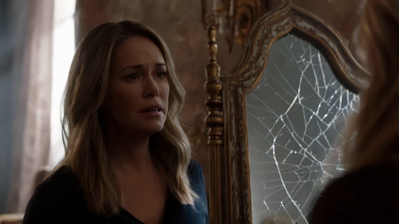 una mujer mirando un espejo roto.