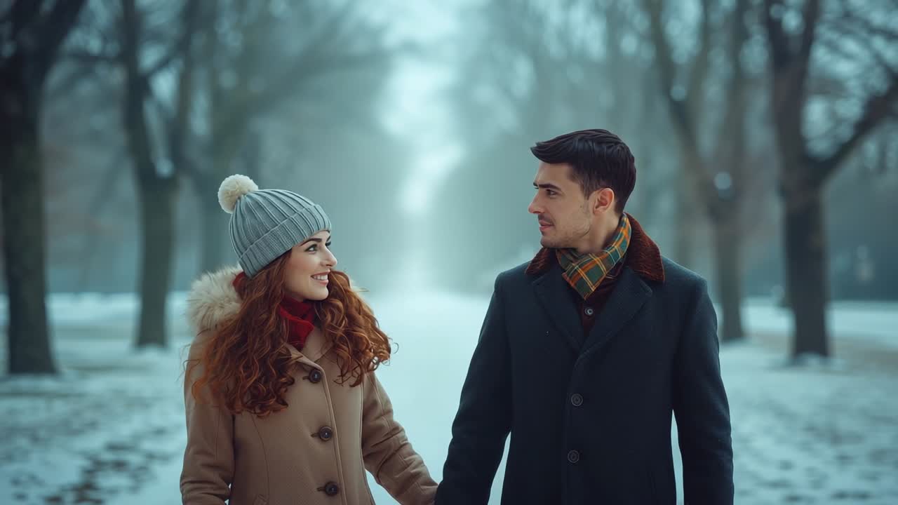 Entering couple walking snowy park lined by bare trees wearing winter coats, exchanging glance
