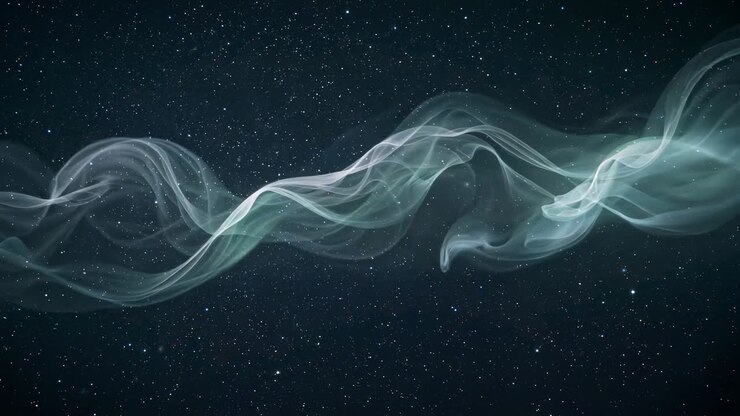 Nastri di foschia color acquamarina pallido che si aprono e si spostano verso destra, filamenti che si addensano in una nuvola sopra un cielo stellato