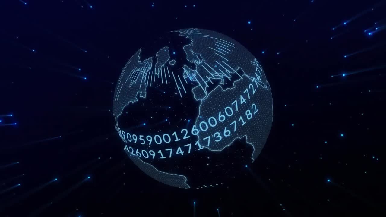 Animation of grey globe with radiating lines and rising numbers rotating on cosmos background